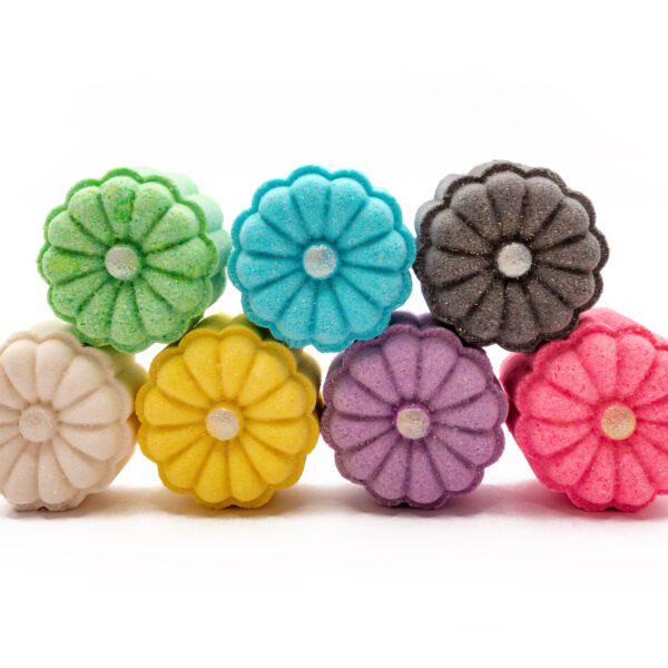 selection of flower-shaped party favor bath bombs