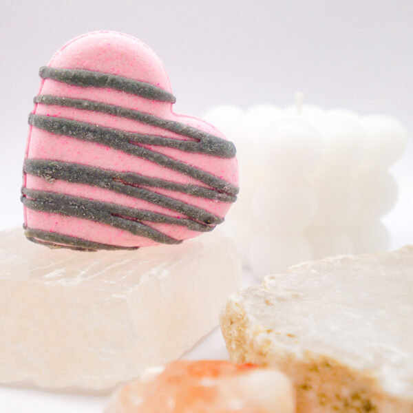 pink heart-shaped prosecco and peony-scented bath bomb